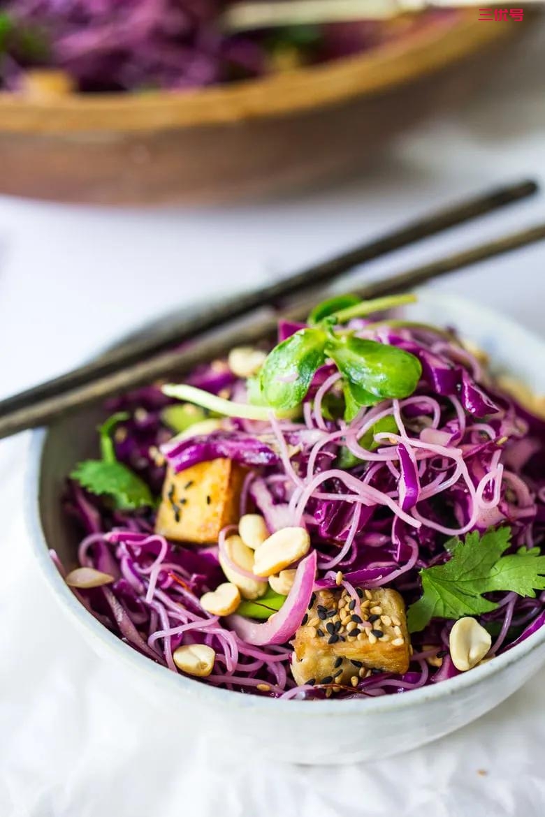 紫甘蓝沙拉配米粉，素食主义者首选，无麸质