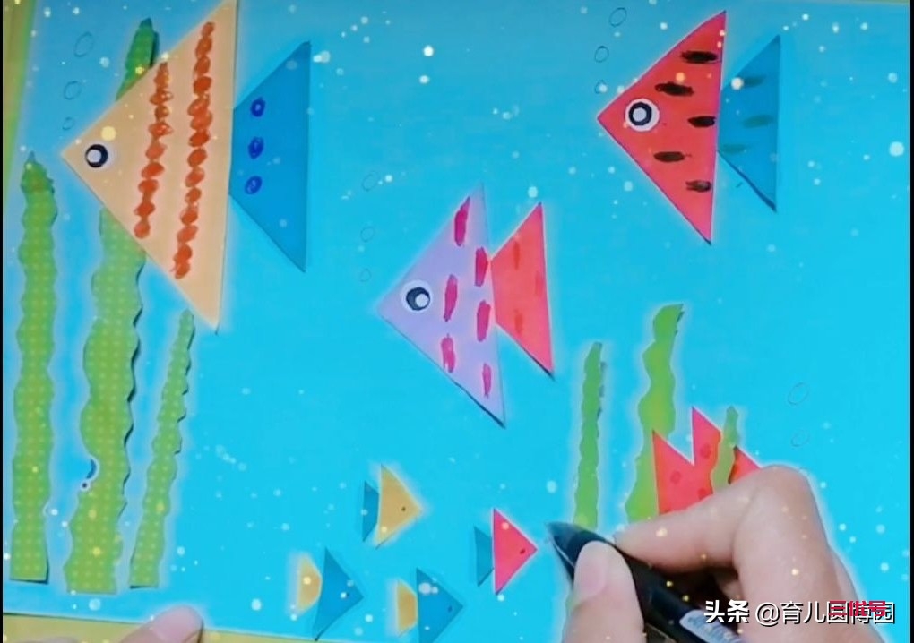 幼儿园手工小鱼，三角形拼凑小鱼，亲子手工小鱼，幼儿认识三角形